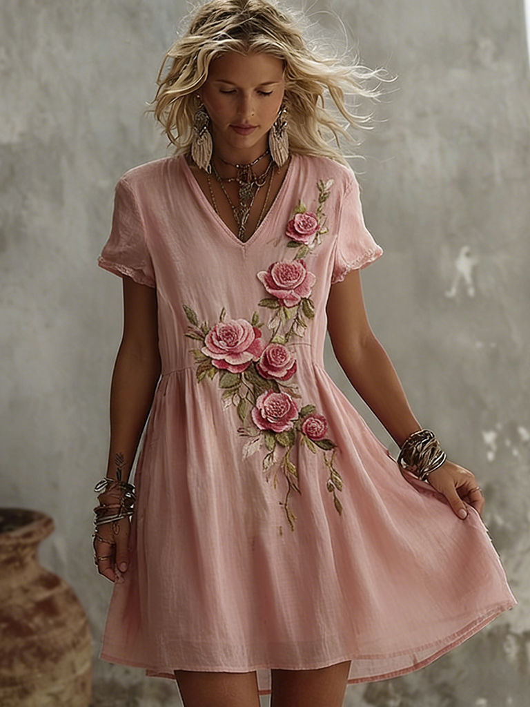 Retro Rose Printed Pattern Short Sleeve Mini Dress