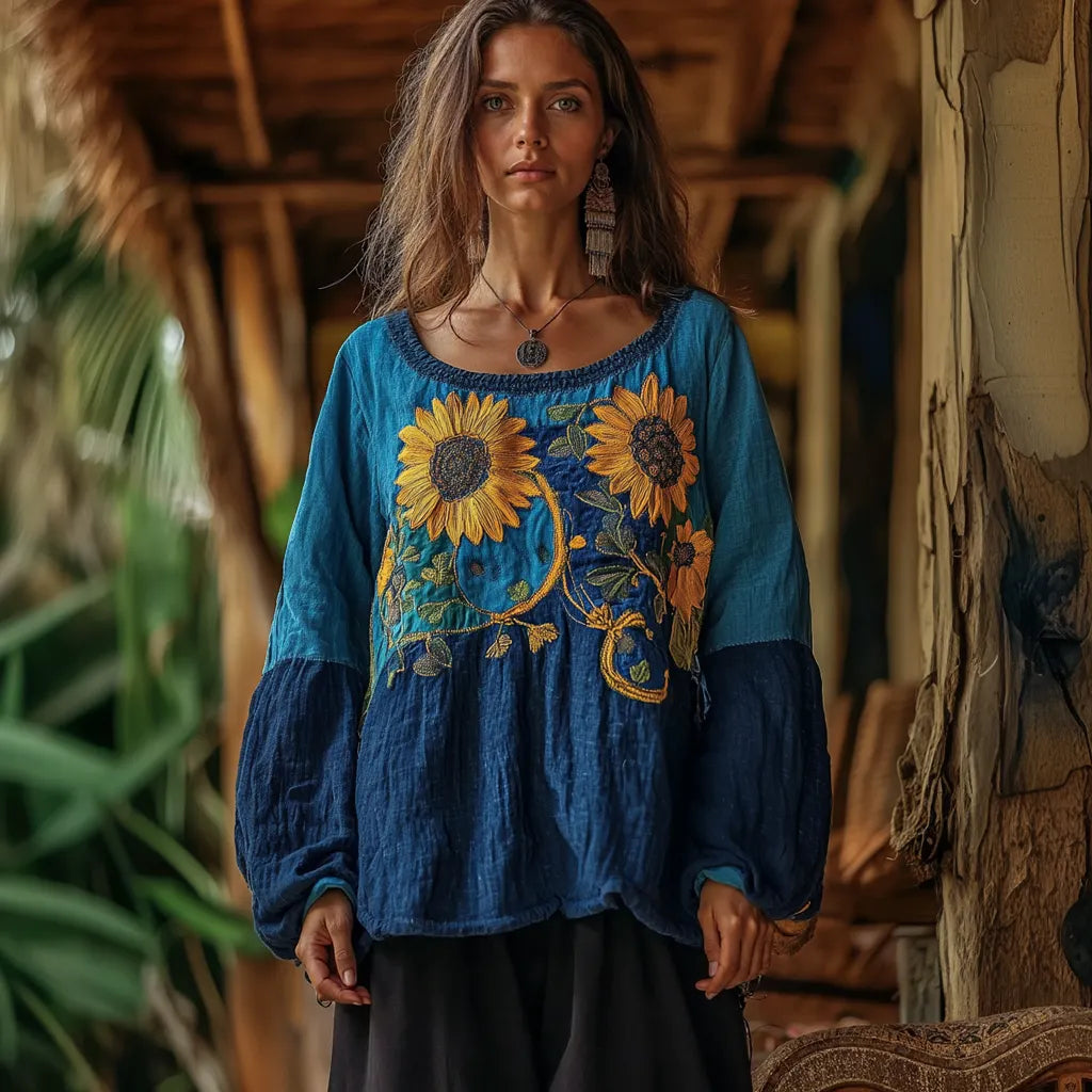Boho Vintage Sunflower Art Inspired Cotton And Linen Round Neck Blend Loose Blouse