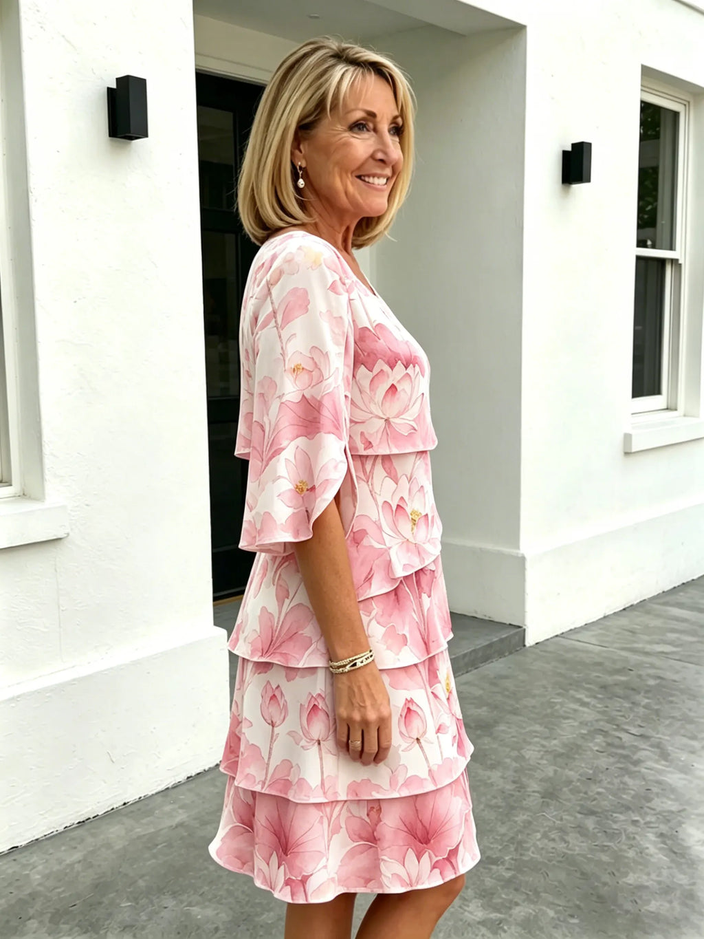 Chiffon Lotus Vacation Prints Color Round Neck Cake Skirt Splicing Dress Mid-length
