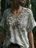 Bohemian Silver Flower Embroidery V-neck Short-sleeved Shirt