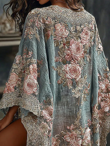 Women's Spring Floral Roses Embroidered Art Print Flowy Linen Blend Kimono