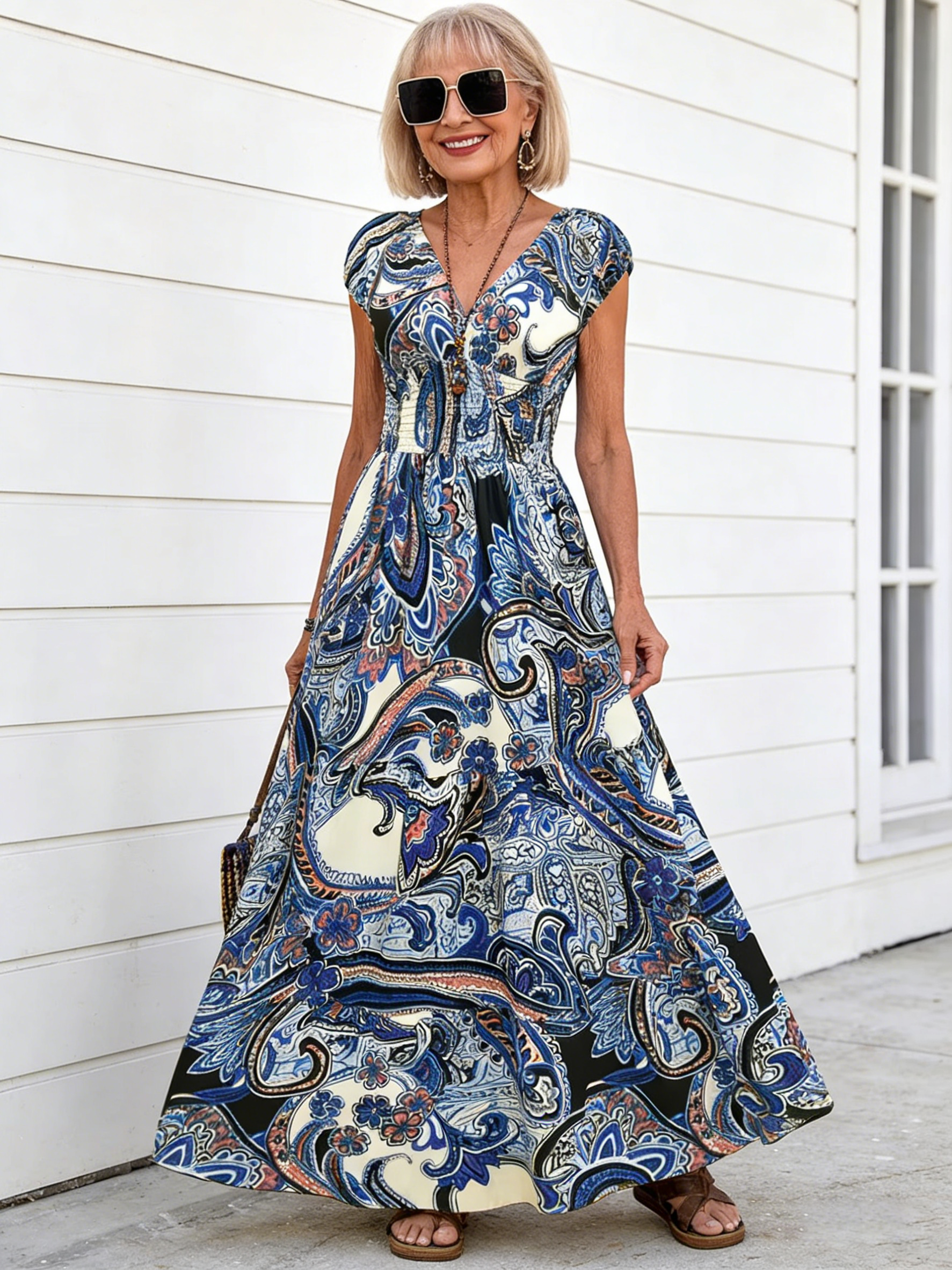 Paisley Print Dress Women's Summer Fashion Elegant Short-sleeved V-neck Dress Long Dress