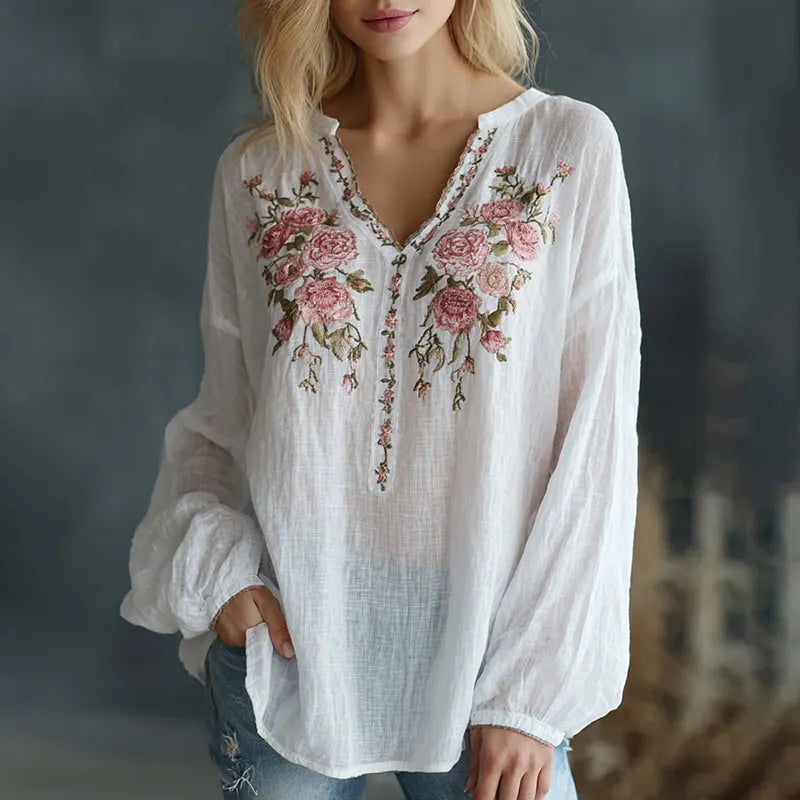 Women's Vintage Floral Embroidered Art Print Flowy Linen Blend Casual Tunic