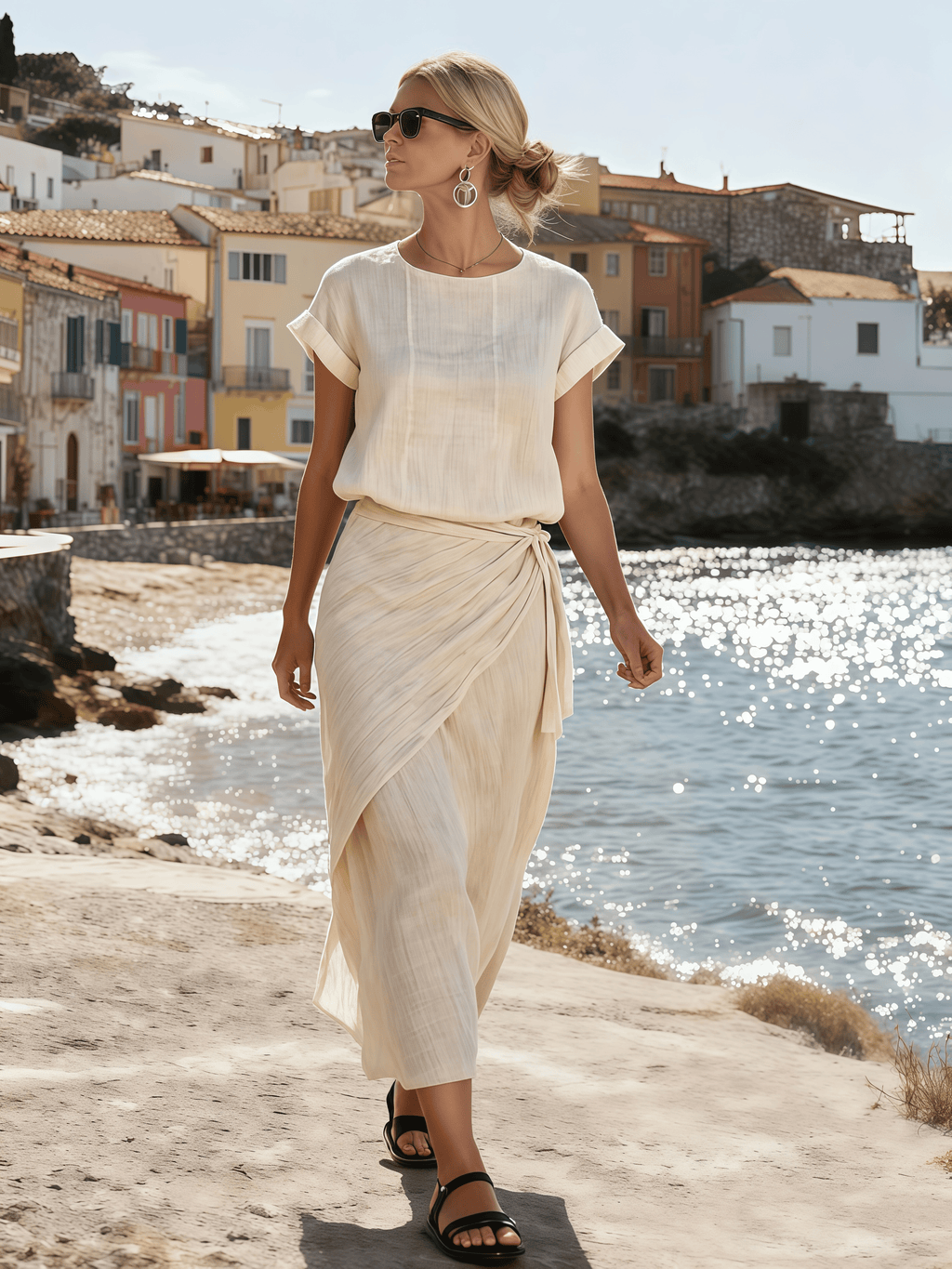 Women's Pleated Tie-Waist Short-Sleeved Dress