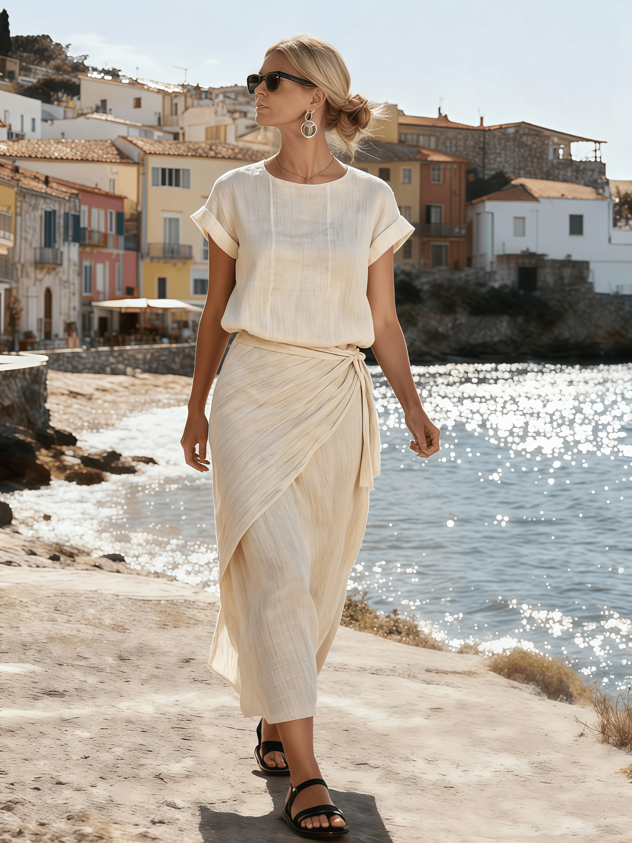 Women's Pleated Tie-Waist Short-Sleeved Dress