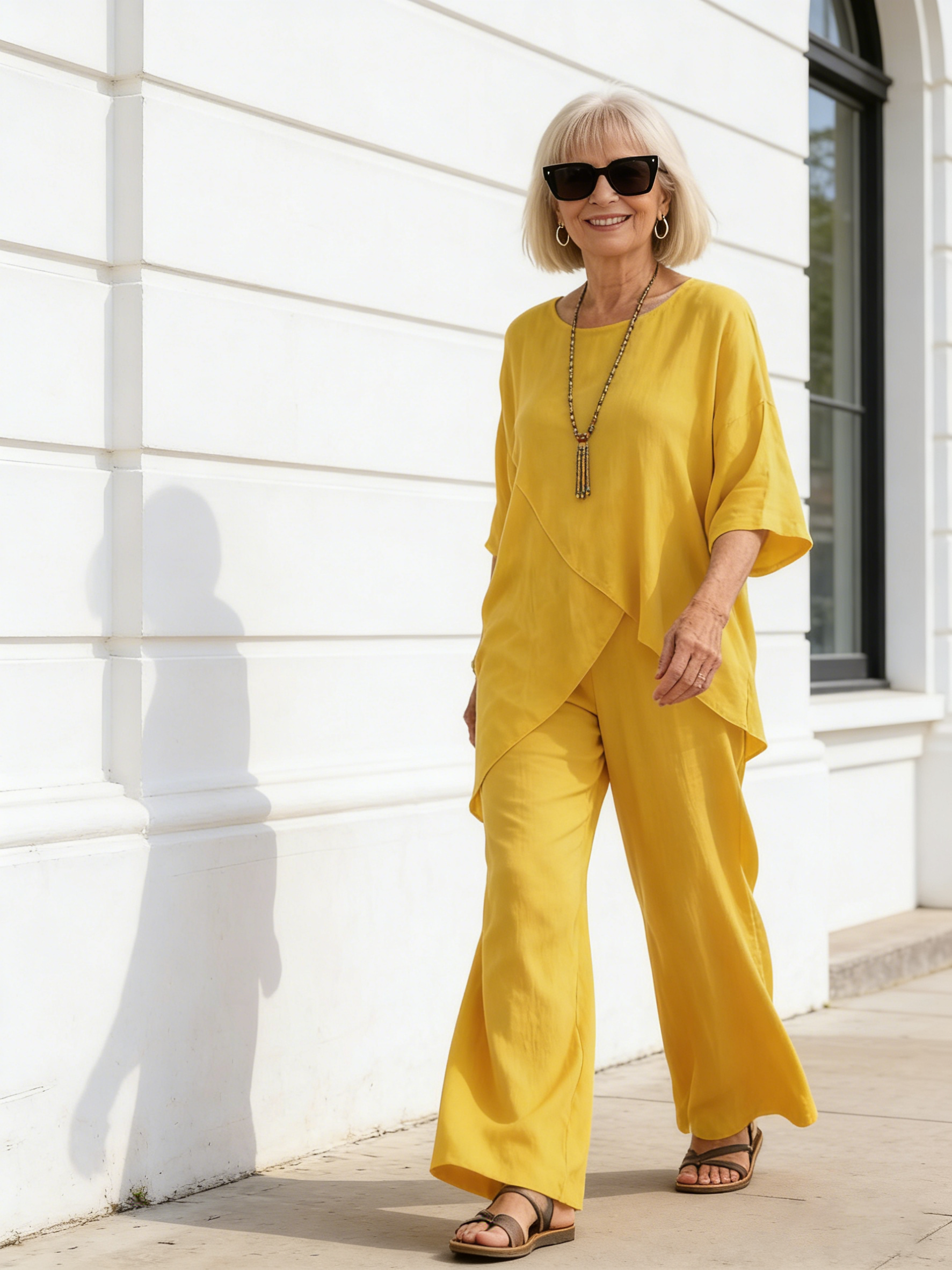 2Pcs Set Cotton and Linen Sleeves Round Neck Loose Casual Irregular Hem Set