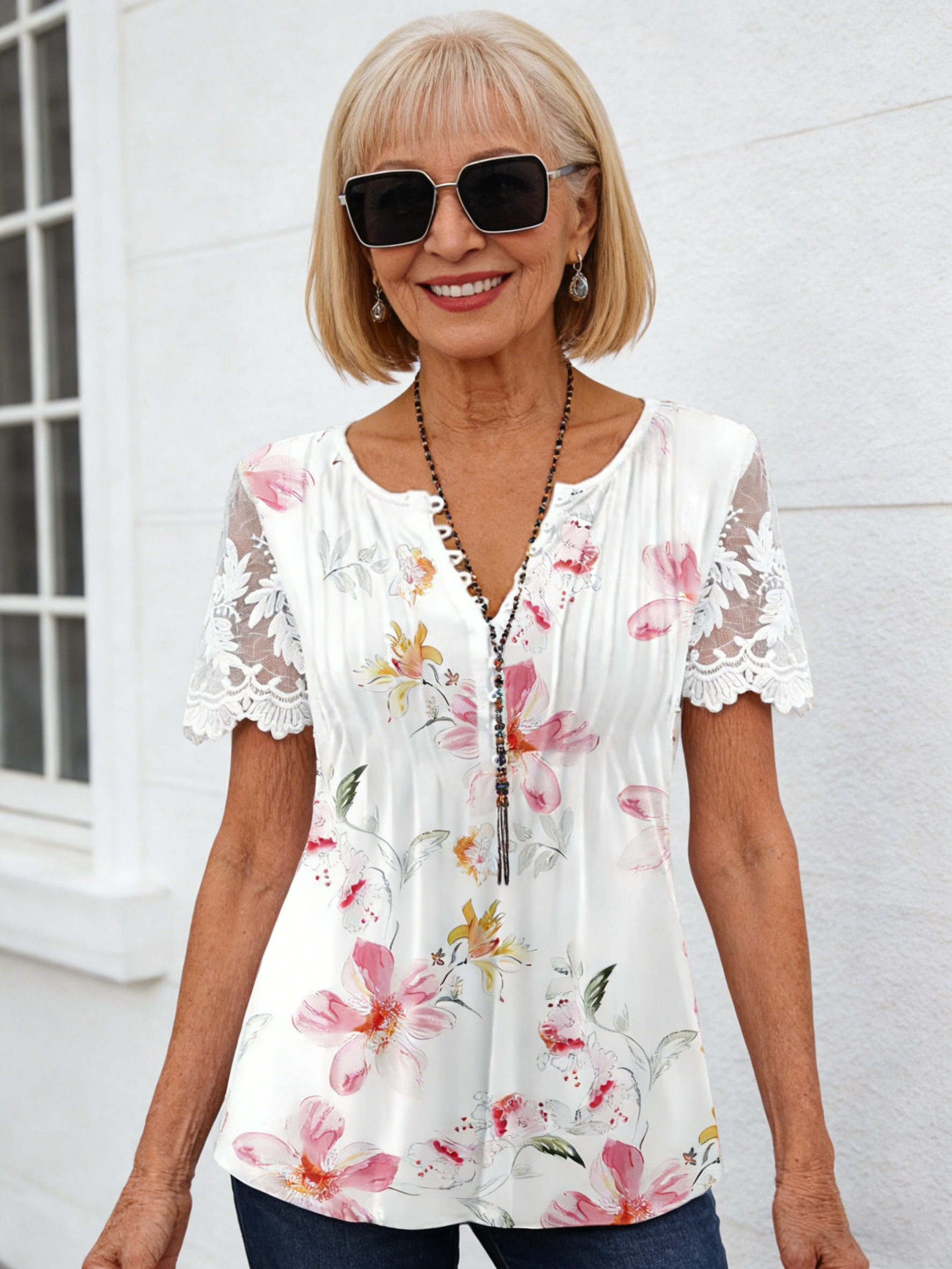 Floral Print Pleated Button Lace Sleeve Women's T-Shirt
