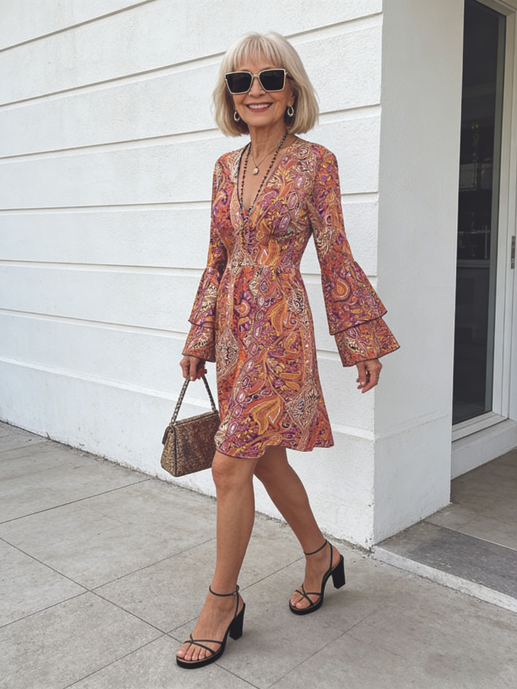Vacation DRESS Paisley Bohemian Print V-neck Flared Sleeve Dress