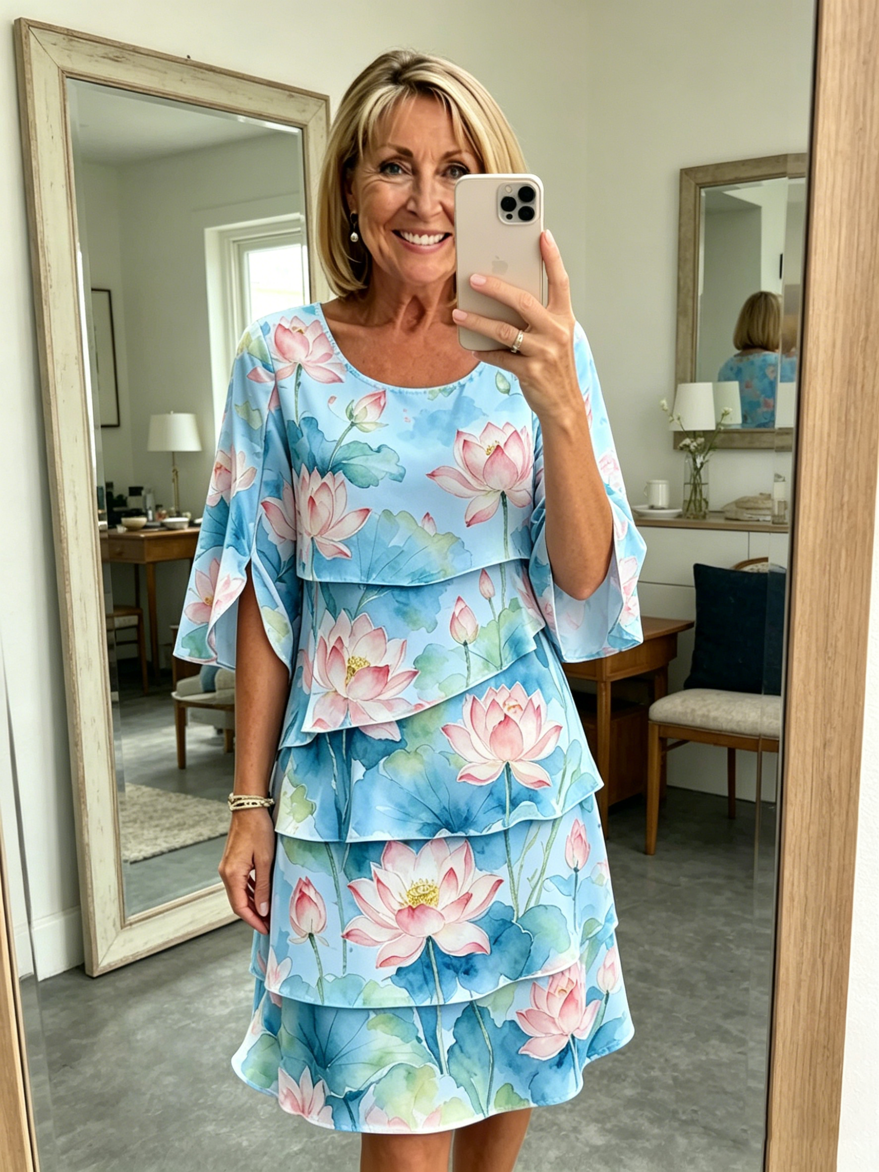 Chiffon Lotus Vacation Prints Color Round Neck Cake Skirt Splicing Dress Mid-length