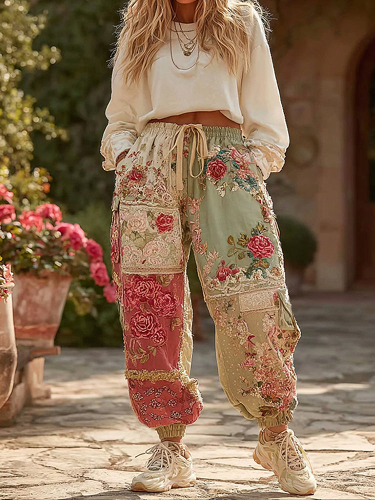 Women's Floral Patchwork Art Print Casual Sweatpants