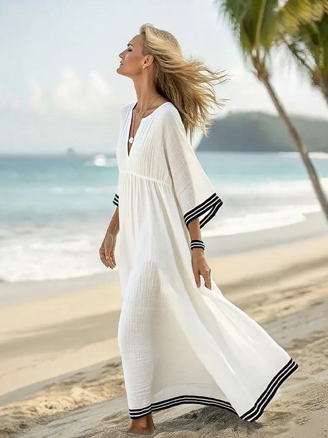 Women's Holiday Stripe Print V-Neck Cotton and Linen Dress