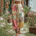 Vintage Retro Floral Patchwork Art Linen Pants