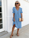 Blue Deep V Cotton and Linen Dress