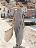 Women's High-Neck Pleated Short-Sleeved Dress