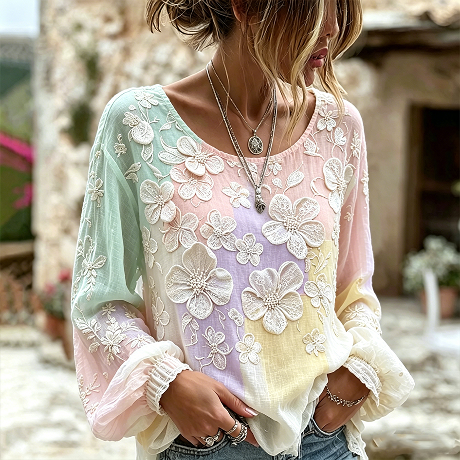 Colorful Color Design Flower Pattern Casual Linen Top