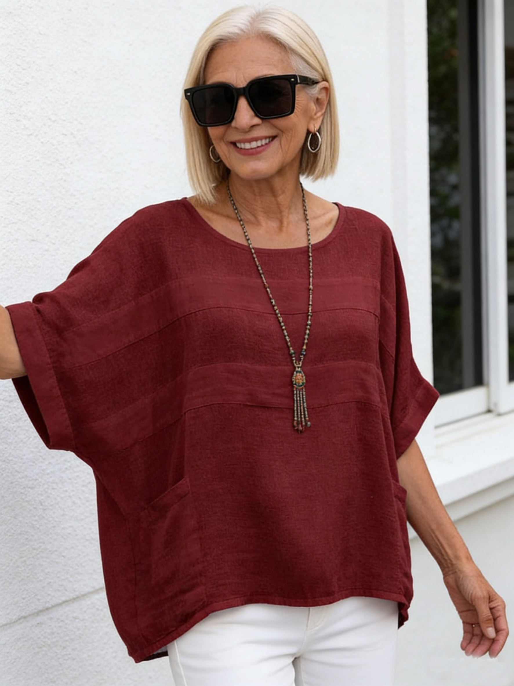 Linen Women's Crew Neck Seven-quarter Sleeve Casual Loose Top