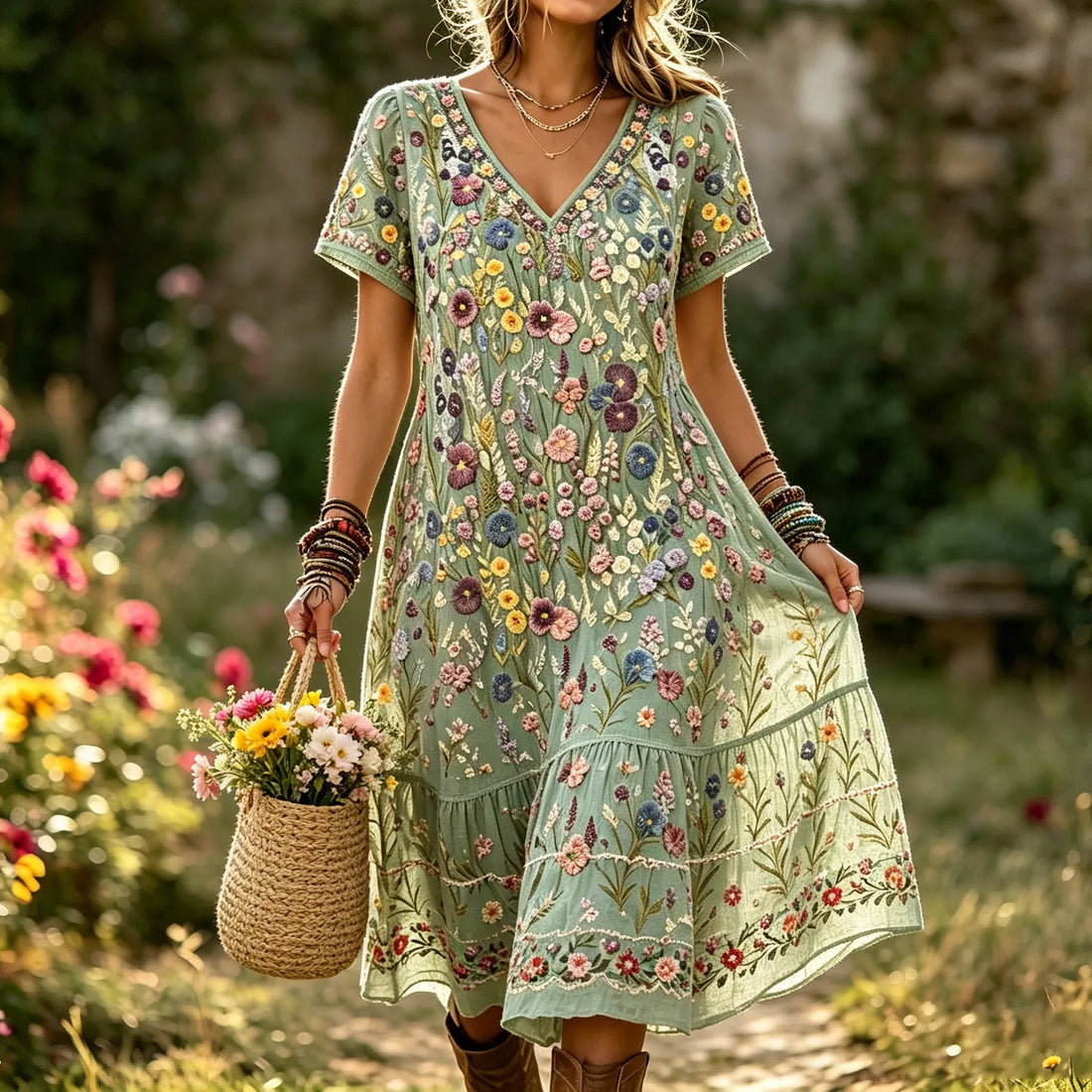 Women's Vintage Romantic Floral Art Linen Blend Maxi Dress