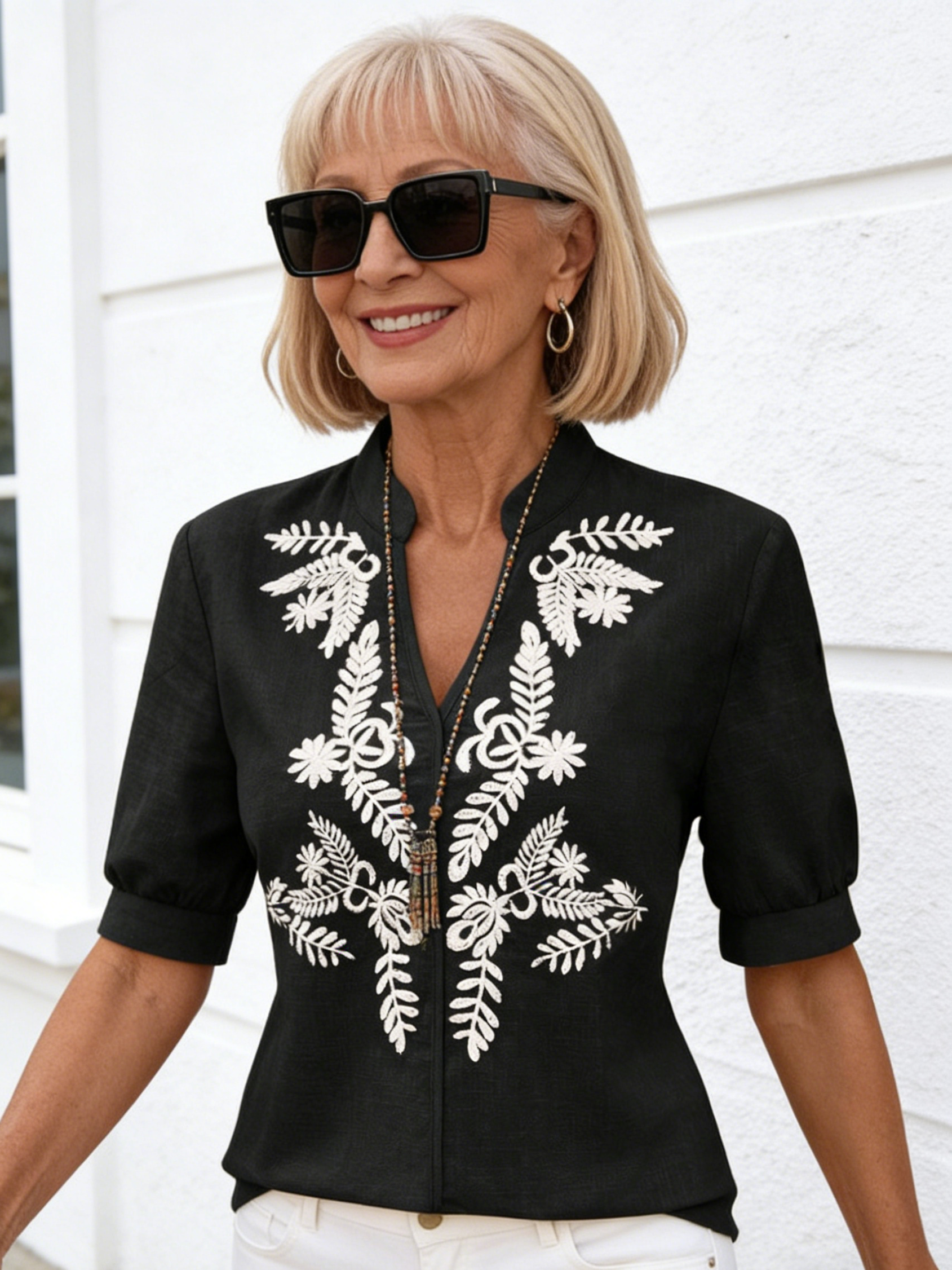 Embroidery Summer V-Neck Fashion Cotton Embroidery Short Sleeve Casual Shirt