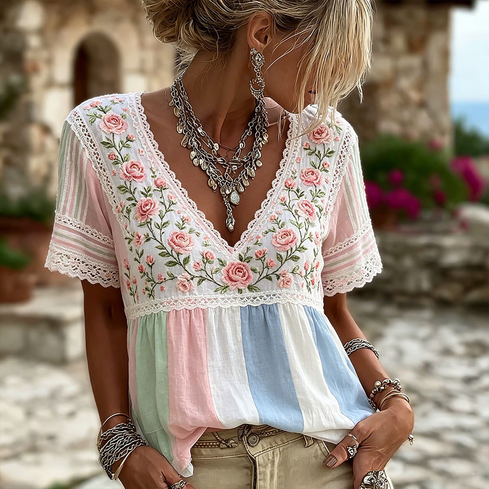 Women's Retro Rose Lace Art Embroidery Color Block Splicing Comfortable Cotton Linen V-neck Short Sleeve T-shirt