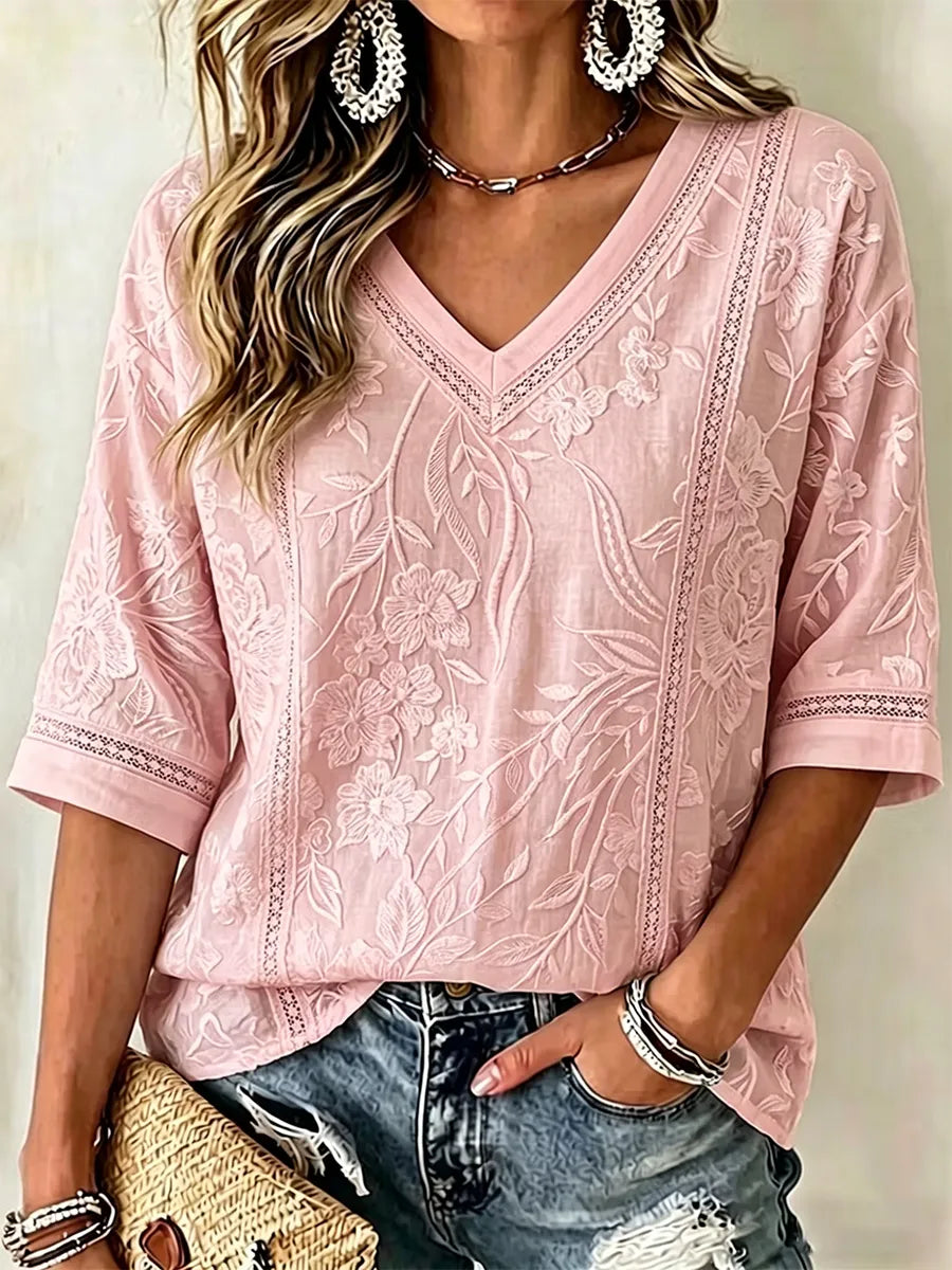 Women's Vintage Floral Art V-neck Three-quarter Sleeve Linen T-shirt