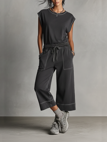 Women's Charcoal Gray Co-Ord Set With Contrast Stitching & Elastic Waist, Modern Effortless Streetwear Outfit MDZ2317D1LYL