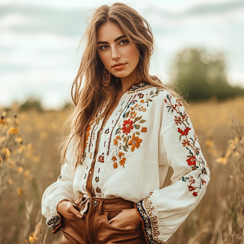 Women's Loose Bohemia Flower Print Embroidery Long Sleeved Shirt