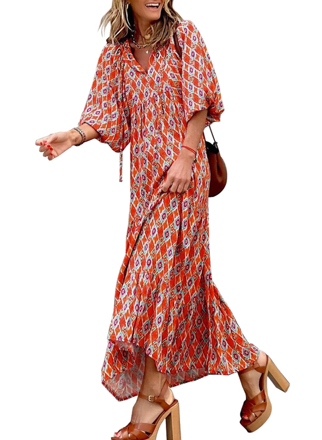 Women's Puff Sleeve Floral Boho Maxi Dress