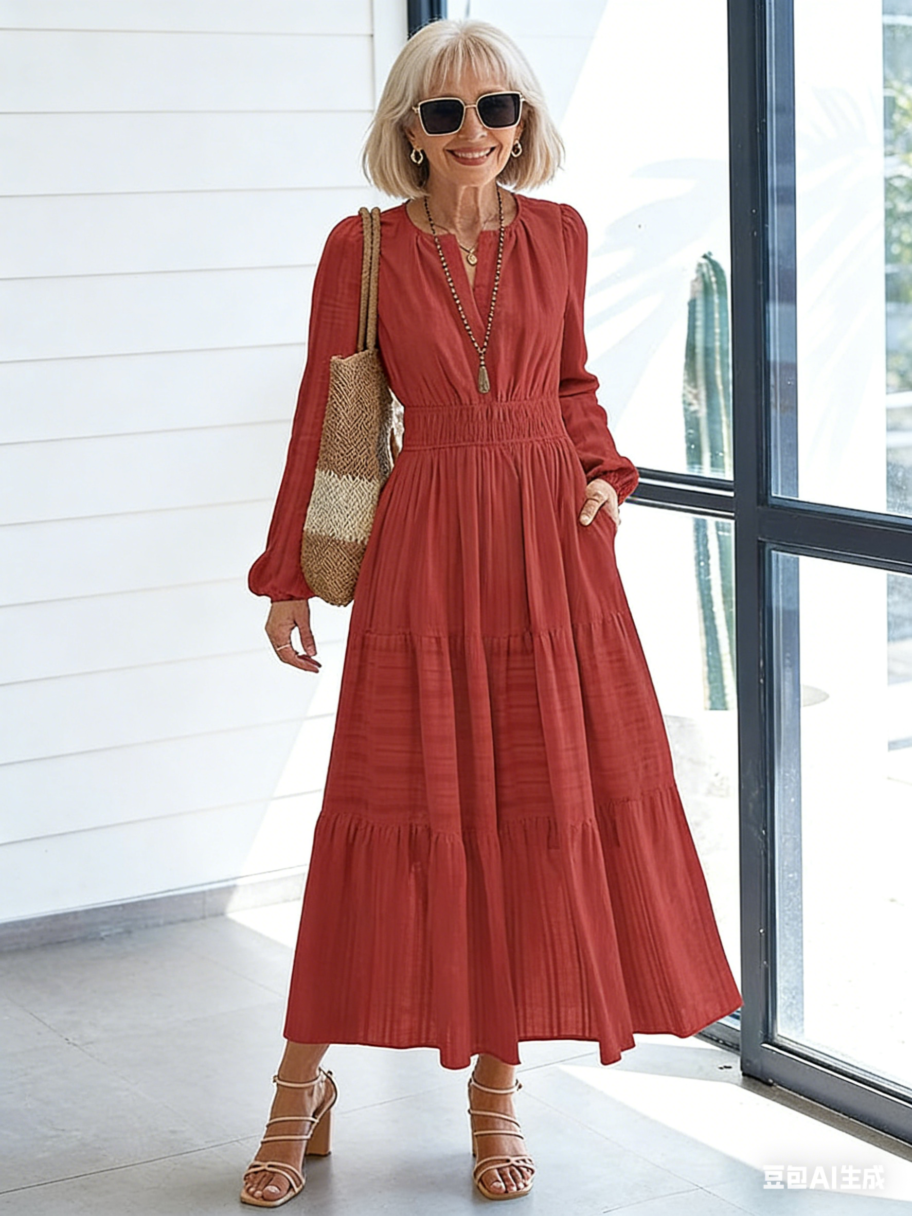 V-neck Pleated Waist Long-sleeved Dress