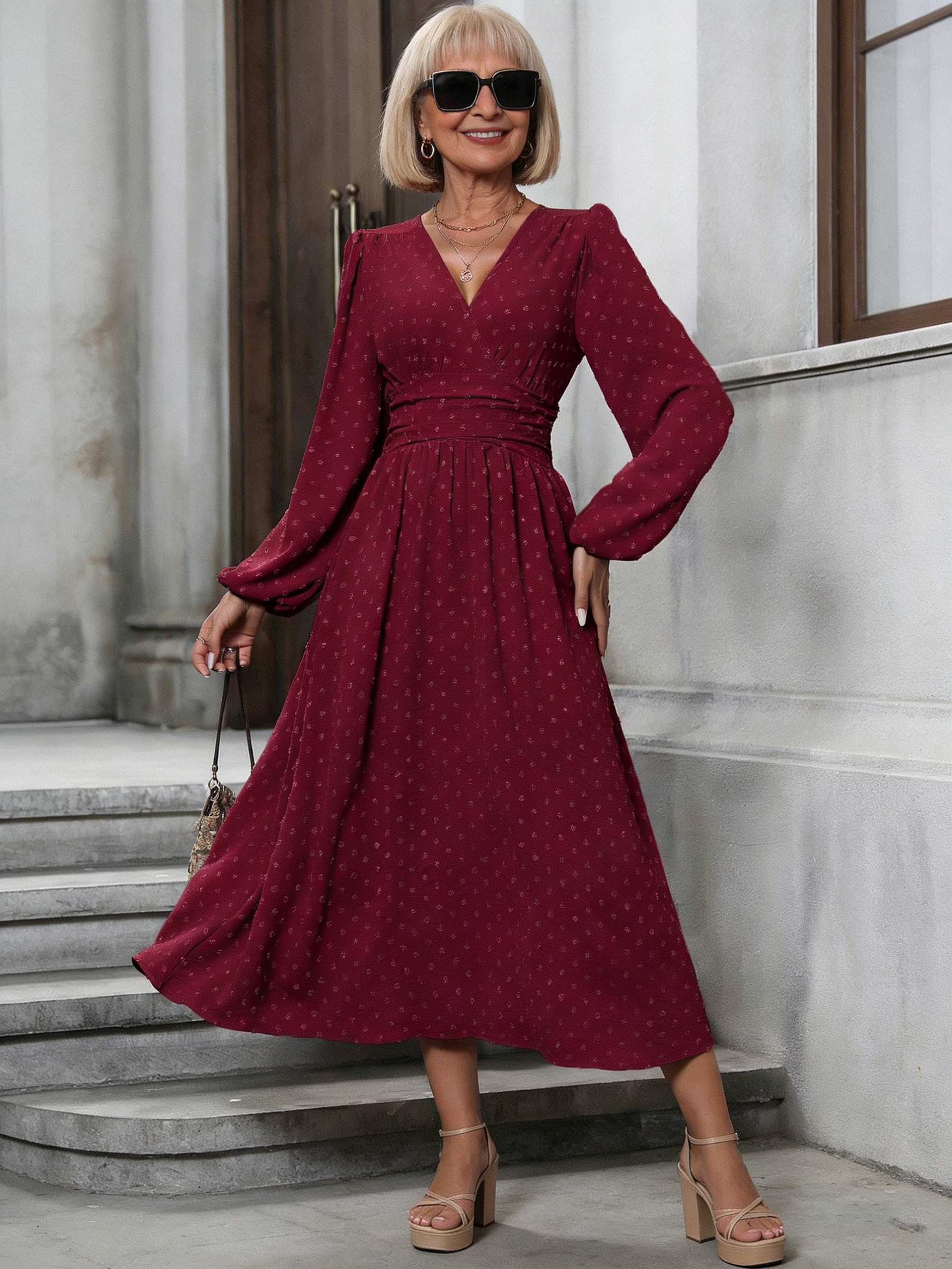 Medium Hairball Diagonal Neck Lantern Sleeve Pleated Waist Dress