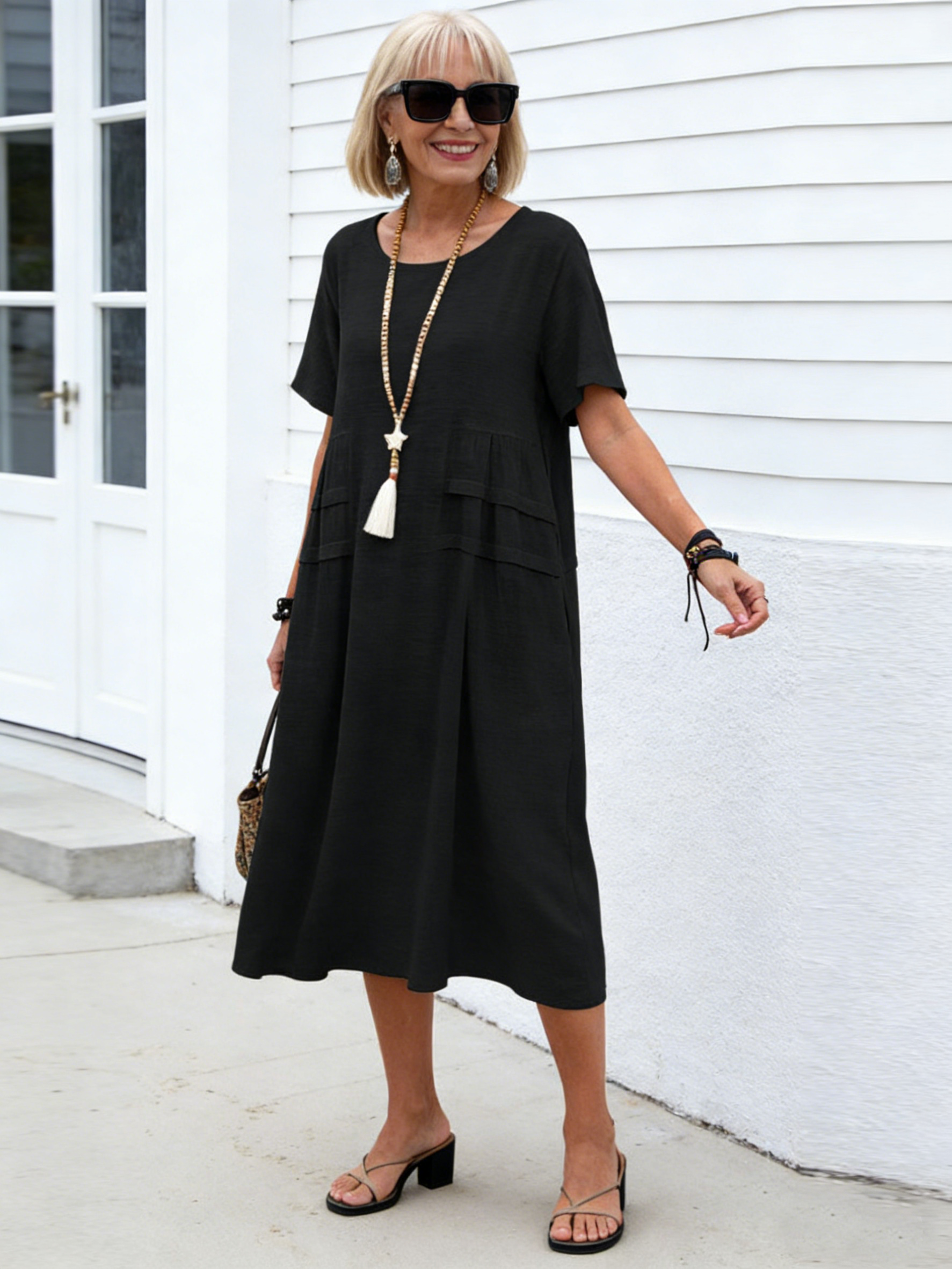 Plus Size Loose Casual Cotton and Linen Solid Color Round Neck Short-sleeved Medium and Long Dress