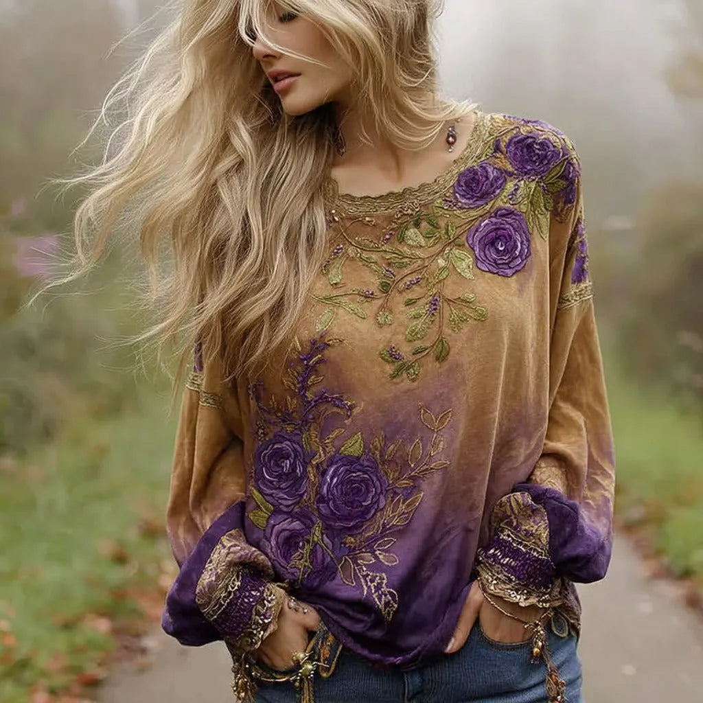 Women's Purple Floral Embroidery Gradient Casual T-shirt