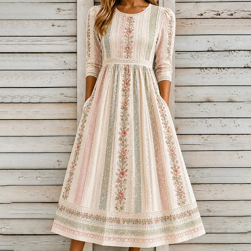 Women's Vintage Floral Patchwork Art Round Neck Midi Dress