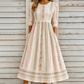 Women's Vintage Floral Patchwork Art Round Neck Midi Dress