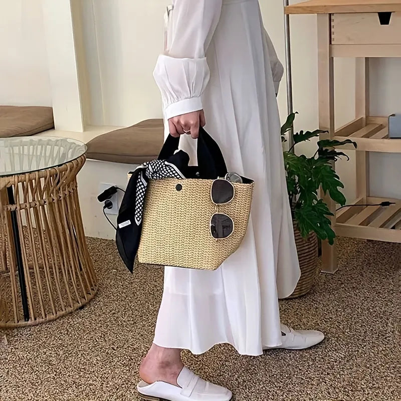 Vintage Straw Woven Handbags, Boho Style Summer Beach Bag, Women's Braided Tote Bag For Travel Picnic