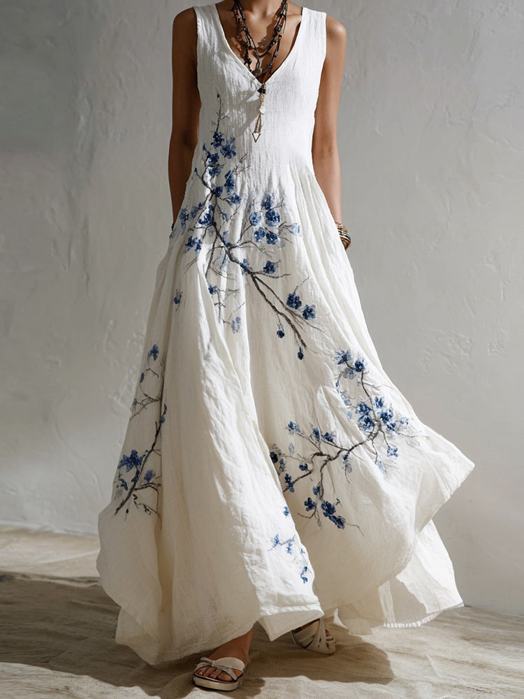 Women's Retro Japanese Plum Blossom Embroidery Comfortable V-neck Linen Long Dress
