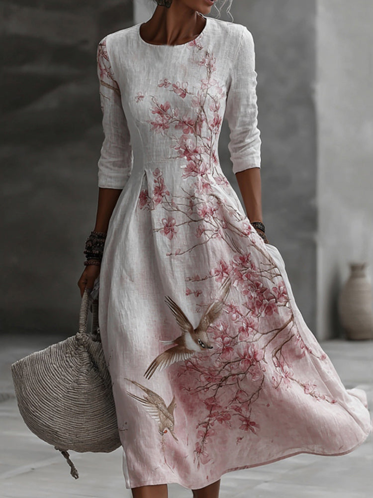 Japanese Plum Blossom Art Embroidered Casual Linen Maxi Dress