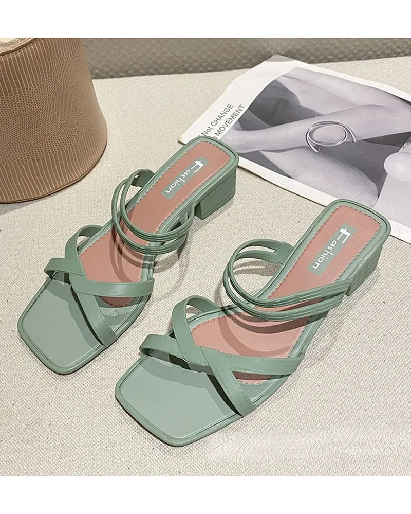 Chunky Heel Wedge Slippers Sandals Two-Way Beach Seaside Half Slippers