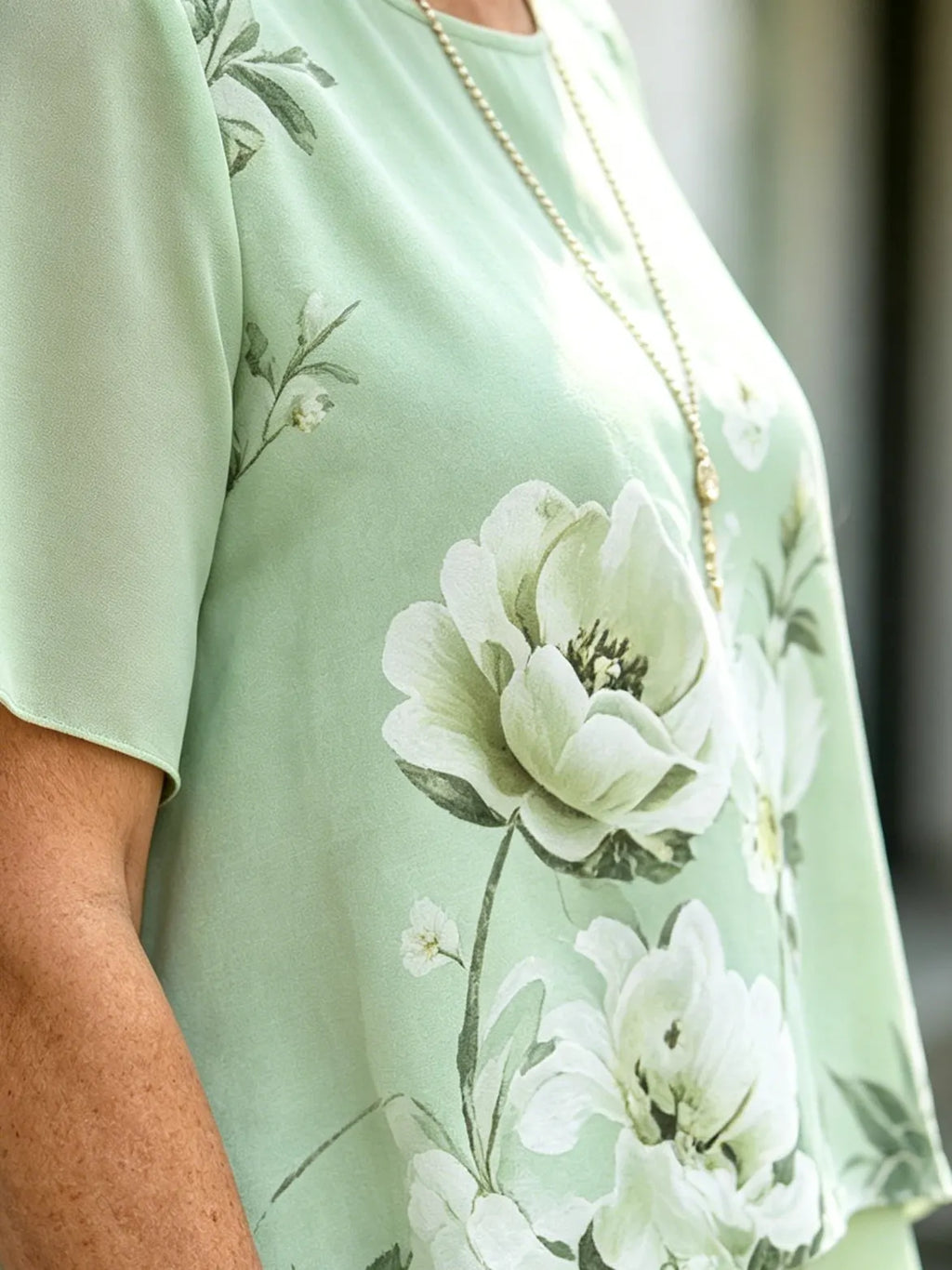 Light Blue Floral Chiffon 2 Piece Outfit, Round Neck Short Sleeve Print Top & Layered Culottes Set for Mature Women
