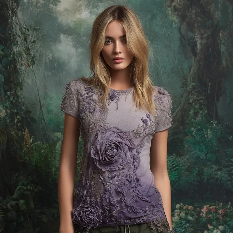 Boho Purple Rose Embroidered Short Sleeve T Shirt