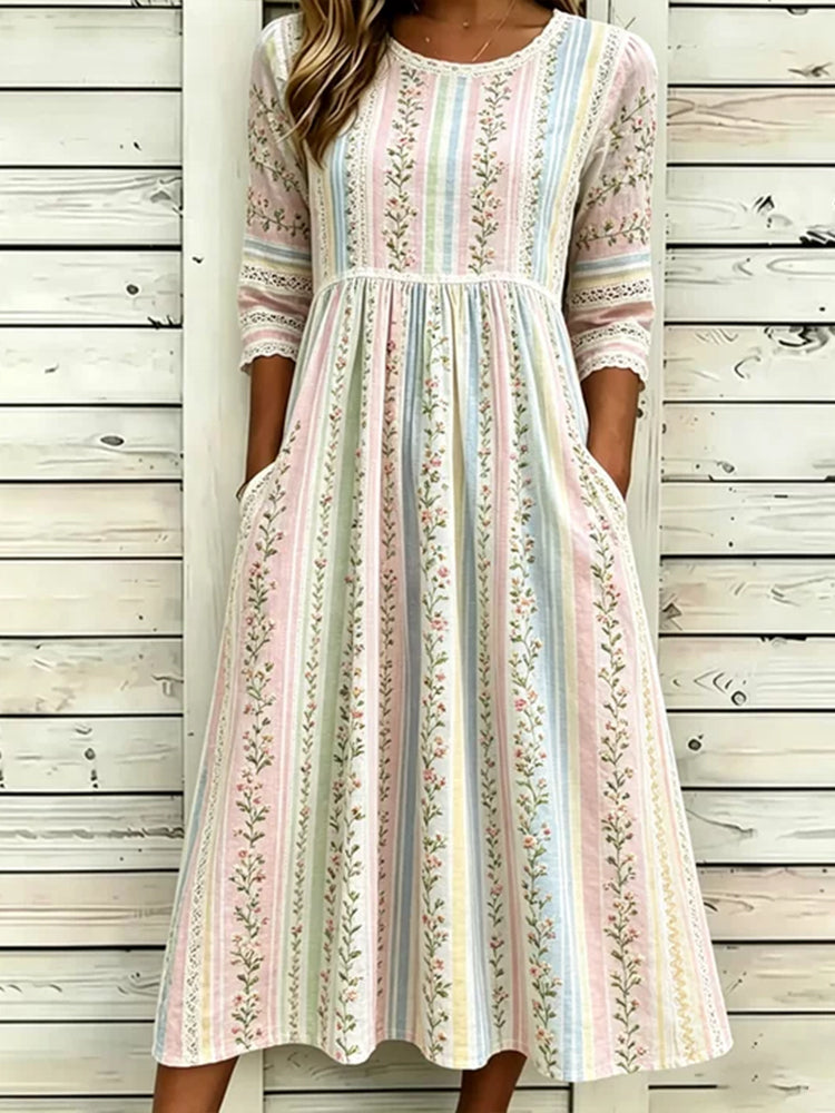 Women's Floral Art Embroidered Linen Blend Striped Round Neck Mid Sleeve Dress