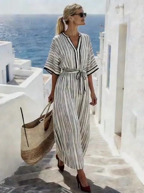 Women'S Casual V-Neck Striped Tie-Waist Dress