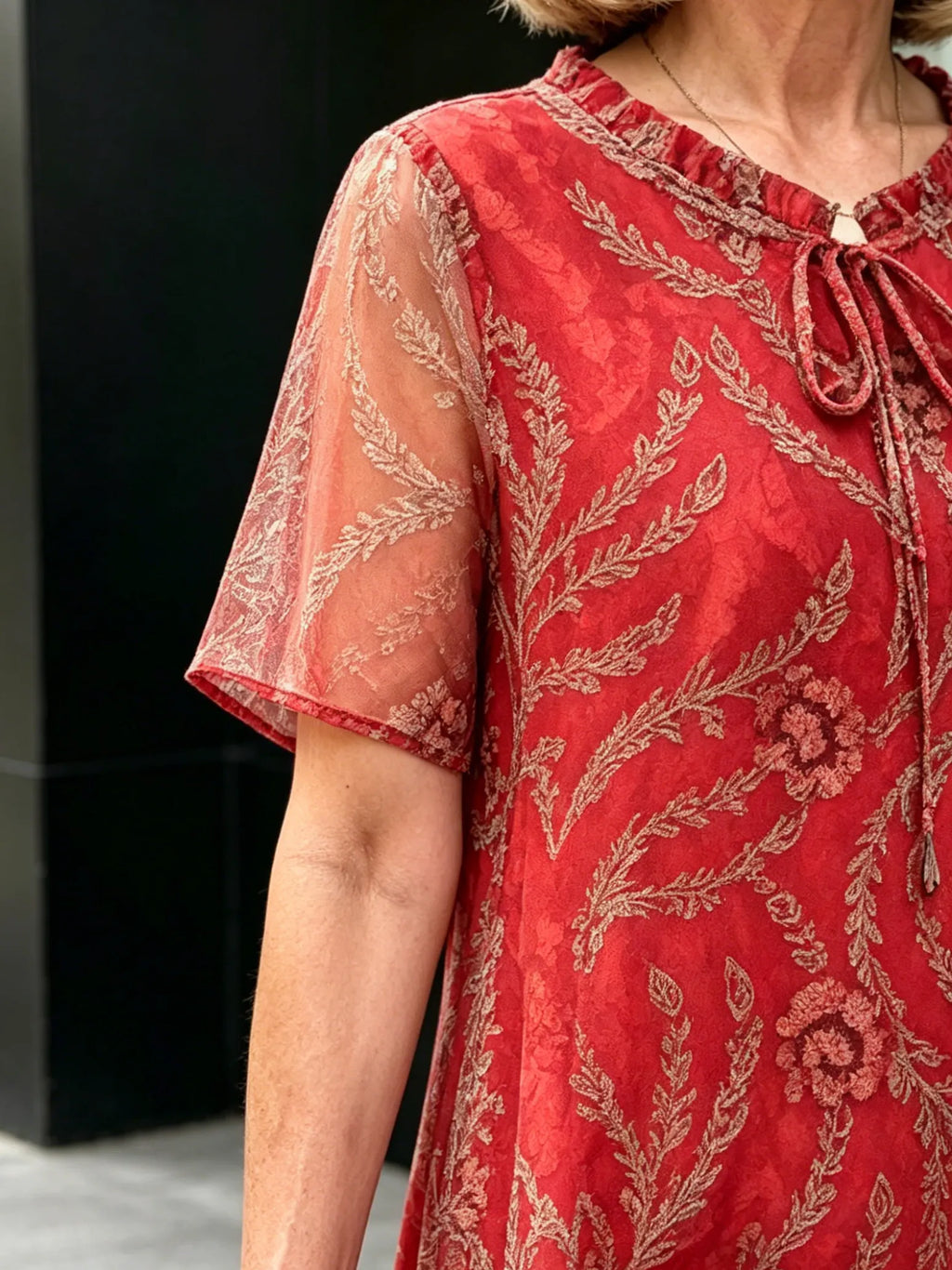 Dark Green Floral Print Mesh Midi Dress, Tie Neck Short Sleeve Loose Tummy Concealing Elegant Dress for Mature Women