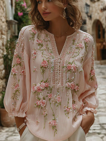 Women's Floral Art Embroidery Cotton Linen V-neck T-shirt