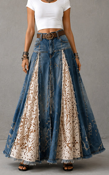 Vintage Denim Crochet Lace Panel Maxi Skirt