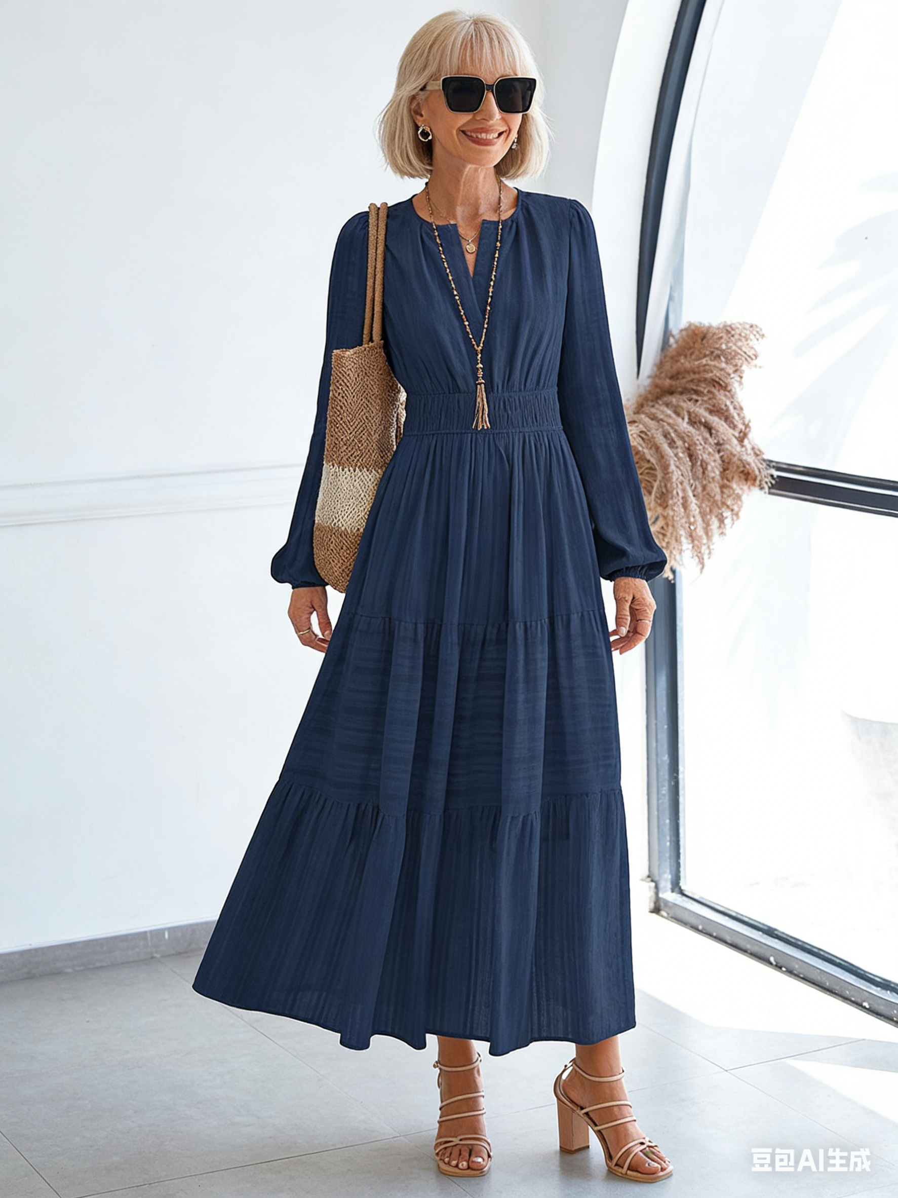 V-neck Pleated Waist Long-sleeved Dress