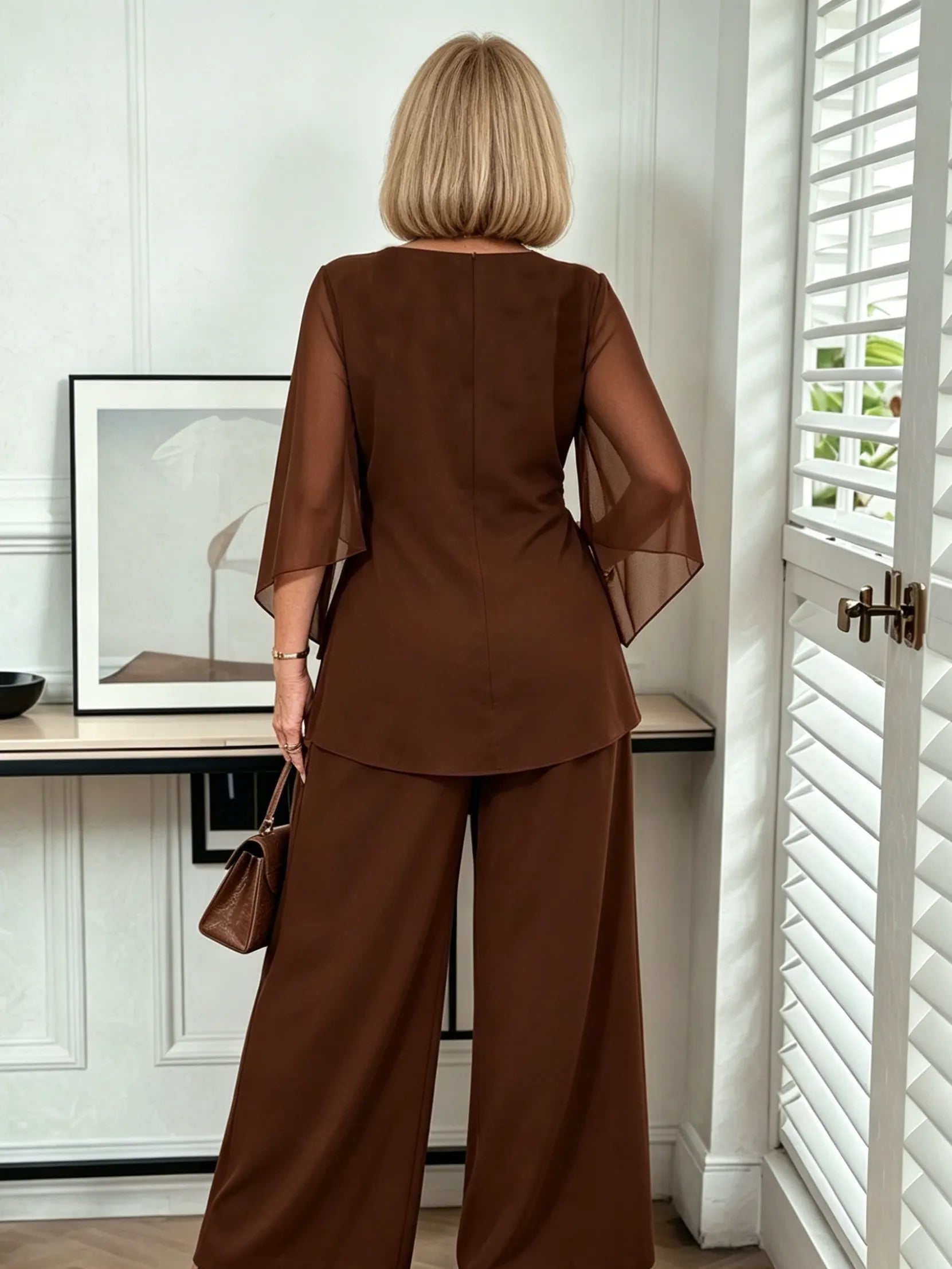2Pcs Light Blue Chiffon 2 Piece Outfit, Irregular Twist Flare Sleeve Top & Wide Leg Pants Set for Mature Women
