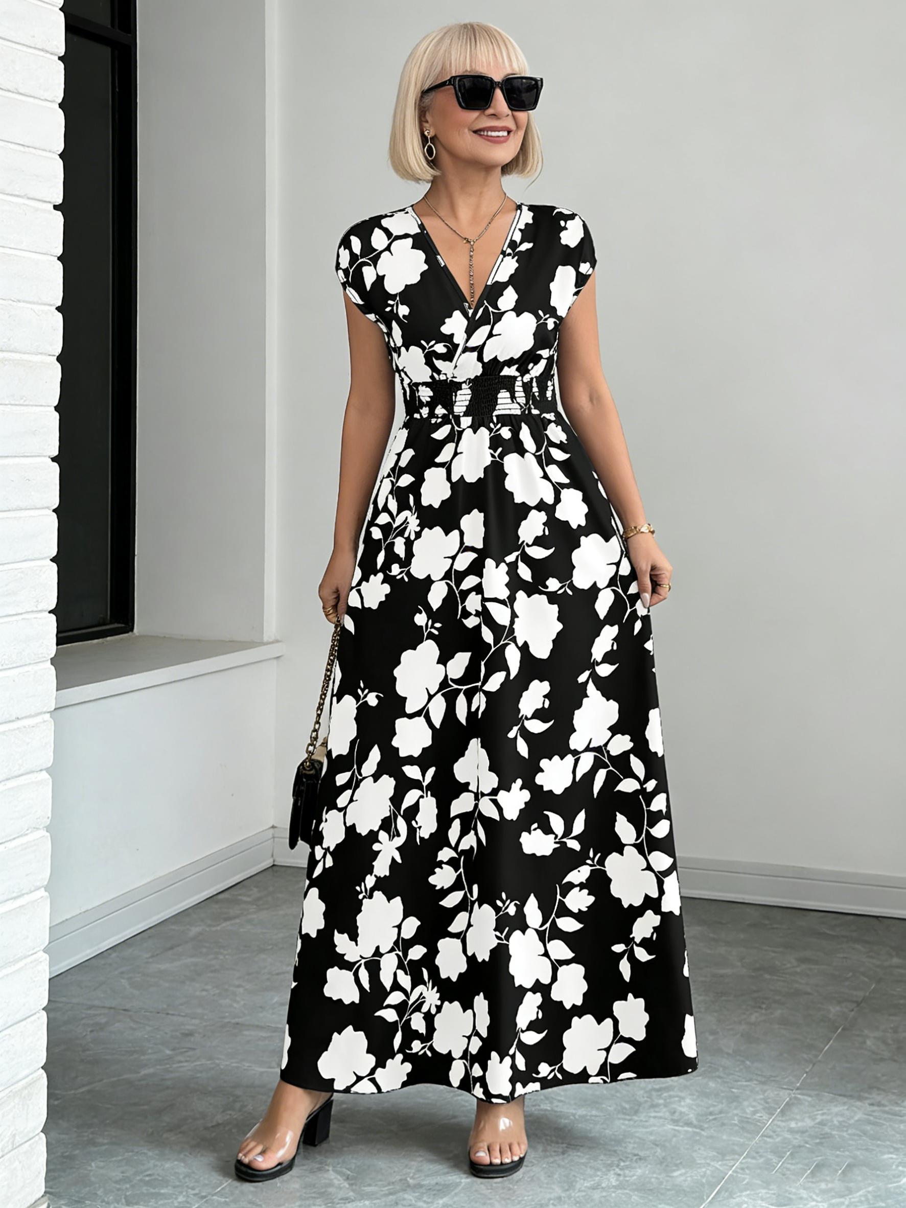 Short Sleeve Lace-Up Dress Printed V-Neck Long Dress Summer Waist Women's Clothing