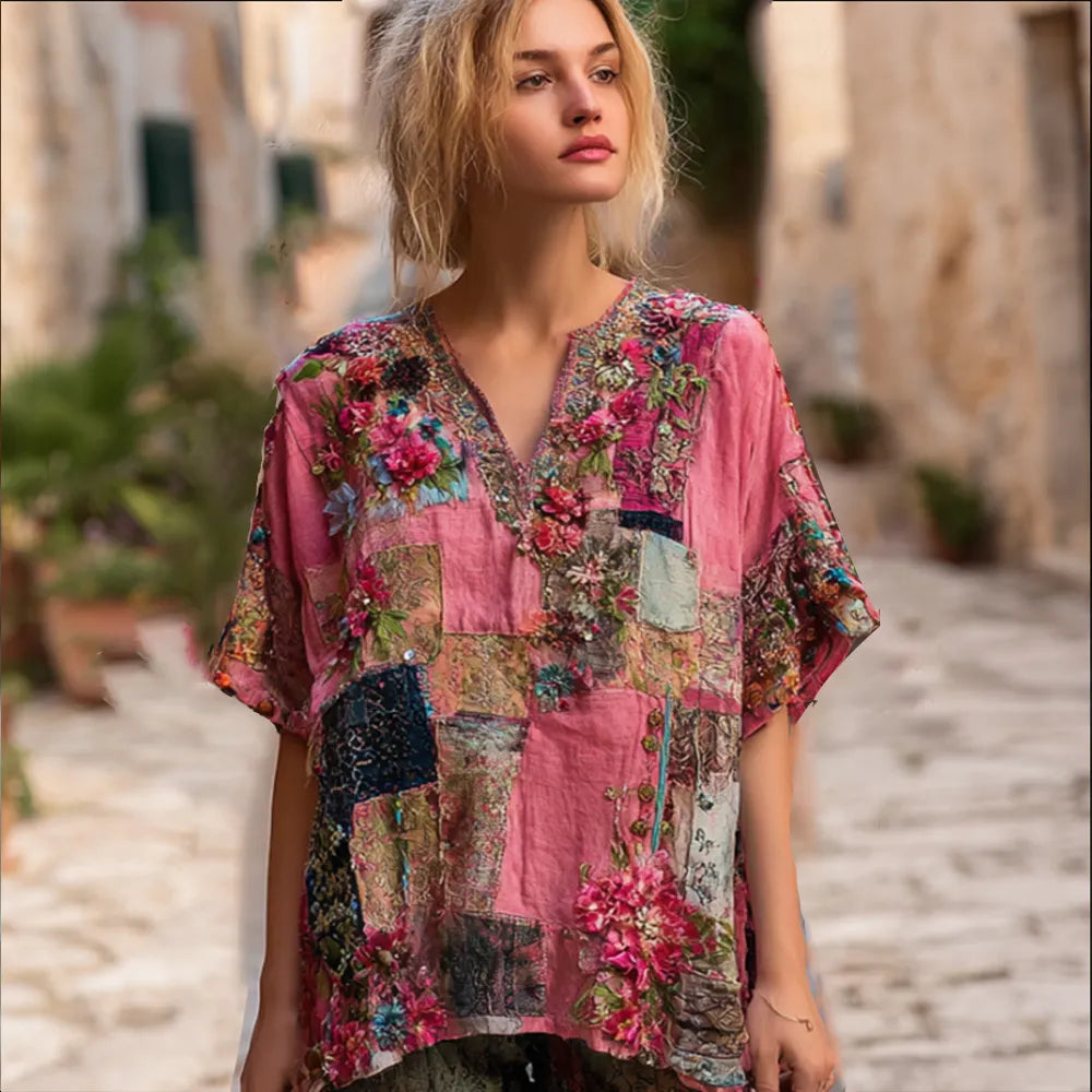 Bohemian Breast Cancer Awareness Pink Flower Patchwork V-neck Short-sleeve Top
