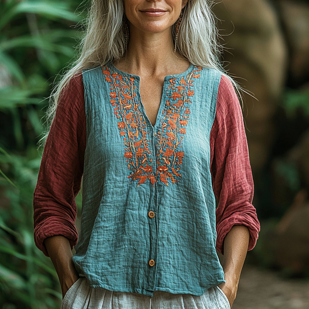 Women's Linen Contrast Color Panel Bohemian Casual Shirt