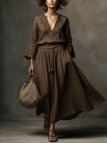 Women's Bohemian Dark Brown Linen-Cotton Embroidered Flare-Sleeve Waisted Maxi Dress MDZ2417D8GMJ